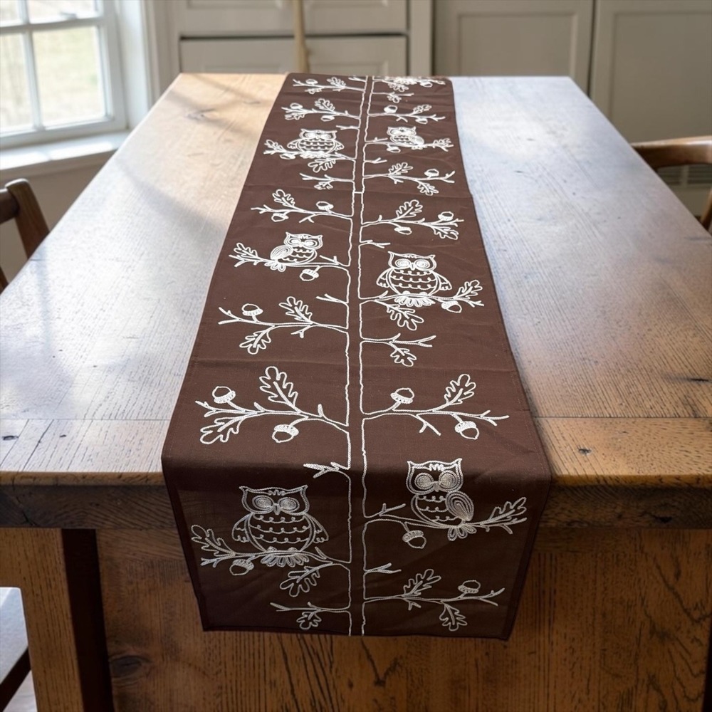 Embroidered Owl Table Runner Brown White Woodland Oak Leaf Acorn Rustic Decor